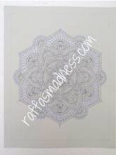 Load image into Gallery viewer, Hand-drawn original work. Elegance and luxury flow from this calming mandala design as you follow the journey of the designs. Black and purple give this gel pen drawing a sharp look, and this piece will make your space look great and feel better. Sacred geometry, meditative art, mandala art therapy. Spiritual artwork and energetic artwork made in Canada.