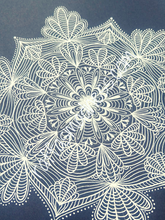 Load image into Gallery viewer, Hand-drawn original work. Black and white mandala designs drip through this flower pattern and pull you into a light and serene space. Softness, connection, love, and support will your heart with this gel pen drawing. Sacred geometry, meditative art, mandala art therapy. Spiritual artwork and energetic artwork made in Canada.