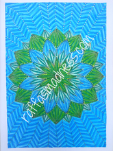 Load image into Gallery viewer, Hand-drawn original work. Blue and green waves burst forth from the deep and glisten with golden specks of sunlight. Tranquility and fresh forest vibes will spill over you as you journey through this mandala design. Sacred geometry, meditative art, mandala art therapy. Spiritual artwork and energetic artwork made in Canada.