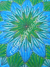 Load image into Gallery viewer, Hand-drawn original work. Blue and green waves burst forth from the deep and glisten with golden specks of sunlight. Tranquility and fresh forest vibes will spill over you as you journey through this mandala design. Sacred geometry, meditative art, mandala art therapy. Spiritual artwork and energetic artwork made in Canada.