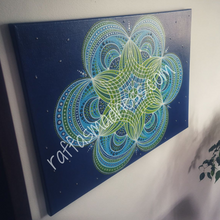 Load image into Gallery viewer, White, green, blue and silver dot patterns. "Outer Space" Original Painting