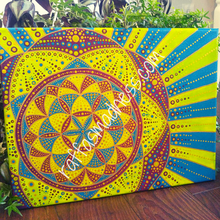 Load image into Gallery viewer, Hand painted canvas. Delicious and vibrant colors will give a groovy vibe to your space. Teal, purple, green and gold mandala designs radiate across the canvas and your vision. Travel through the sacred patterns and feel the stress melt away. Serenity and calm await you. Sacred geometry, meditative art, mandala art therapy. Spiritual artwork and energetic artwork made in Canada.