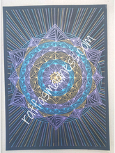 Load image into Gallery viewer, Hand-drawn original work. Mandala design of triangles and exploding rays of energy radiating from the Morning Star Sacred geometry, meditative art, mandala art therapy. Spiritual artwork and energetic artwork made in Canada. Inspirational art, perfect for your meditation space. Meditation room decor. Therapeutic art to help you relax and release anxiety. Allow your eyes to travel from the center and journey through the symbols, patterns and designs.