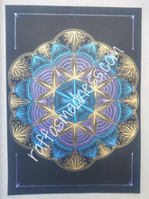 Load image into Gallery viewer, Hand-drawn original work. Cannabis leaves and mandala patterns circle in the darkness, glowing their valuable light to the world. Sacred geometry, meditative art, mandala art therapy. Spiritual artwork and energetic artwork made in Canada. Inspirational art, perfect for your meditation space. Meditation room decor. Therapeutic art to help you relax and release anxiety. Allow your eyes to travel from the center and journey through the symbols, patterns and designs.