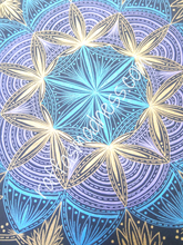 Load image into Gallery viewer, Hand-drawn original work. Cannabis leaves and mandala patterns circle in the darkness, glowing their valuable light to the world. Sacred geometry, meditative art, mandala art therapy. Spiritual artwork and energetic artwork made in Canada. Inspirational art, perfect for your meditation space. Meditation room decor. Therapeutic art to help you relax and release anxiety. Allow your eyes to travel from the center and journey through the symbols, patterns and designs.