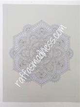 Load image into Gallery viewer, Hand-drawn original work. Elegance and luxury flow from this calming mandala design as you follow the journey of the designs. Black and purple give this gel pen drawing a sharp look, and this piece will make your space look great and feel better. Sacred geometry, meditative art, mandala art therapy. Spiritual artwork and energetic artwork made in Canada.
