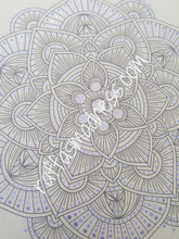 Load image into Gallery viewer, Hand-drawn original work. Elegance and luxury flow from this calming mandala design as you follow the journey of the designs. Black and purple give this gel pen drawing a sharp look, and this piece will make your space look great and feel better. Sacred geometry, meditative art, mandala art therapy. Spiritual artwork and energetic artwork made in Canada.
