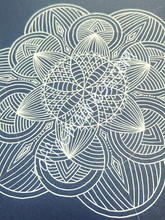 Load image into Gallery viewer, Hand-drawn original work. Black and white mandala designs give you the feeling of power and strength. Fine line patterns coax you into a meditative state of energy and connection to the source. Sacred geometry, meditative art, mandala art therapy. Spiritual artwork and energetic artwork made in Canada.
