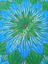 Load image into Gallery viewer, Hand-drawn original work. Blue and green waves burst forth from the deep and glisten with golden specks of sunlight. Tranquility and fresh forest vibes will spill over you as you journey through this mandala design.  Sacred geometry, meditative art, mandala art therapy. Spiritual artwork and energetic artwork made in Canada.
