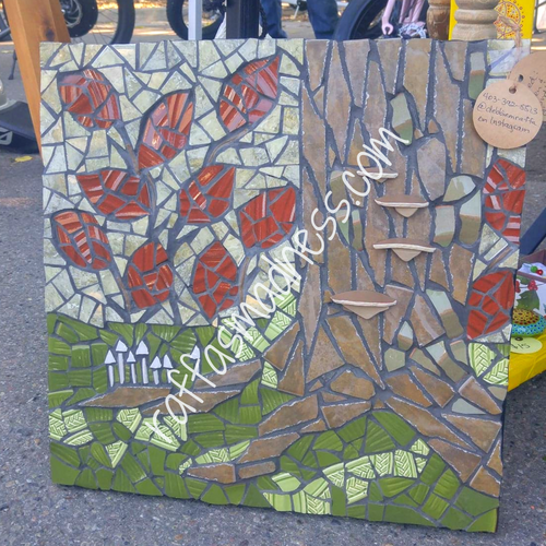 Mushrooms under the forest trees design tiled and grouted mosaic. Mushrooms, greenery and branches of the forest. Leaves and cool air along the ground. 