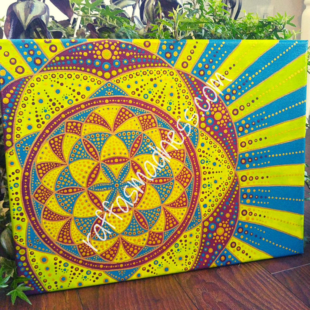Hand painted canvas. Delicious and vibrant colors will give a groovy vibe to your space. Teal, purple, green and gold mandala designs radiate across the canvas and your vision. Travel through the sacred patterns and feel the stress melt away. Serenity and calm await you. Sacred geometry, meditative art, mandala art therapy. Spiritual artwork and energetic artwork made in Canada.