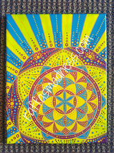 Load image into Gallery viewer, Hand painted canvas. Delicious and vibrant colors will give a groovy vibe to your space. Teal, purple, green and gold mandala designs radiate across the canvas and your vision. Travel through the sacred patterns and feel the stress melt away. Serenity and calm await you. Sacred geometry, meditative art, mandala art therapy. Spiritual artwork and energetic artwork made in Canada.
