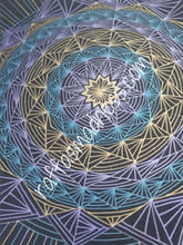 Load image into Gallery viewer, Hand-drawn original work. Mandala design of triangles and exploding rays of energy radiating from the Morning Star  Sacred geometry, meditative art, mandala art therapy. Spiritual artwork and energetic artwork made in Canada. Inspirational art, perfect for your meditation space. Meditation room decor. Therapeutic art to help you relax and release anxiety. Allow your eyes to travel from the center and journey through the symbols, patterns and designs.
