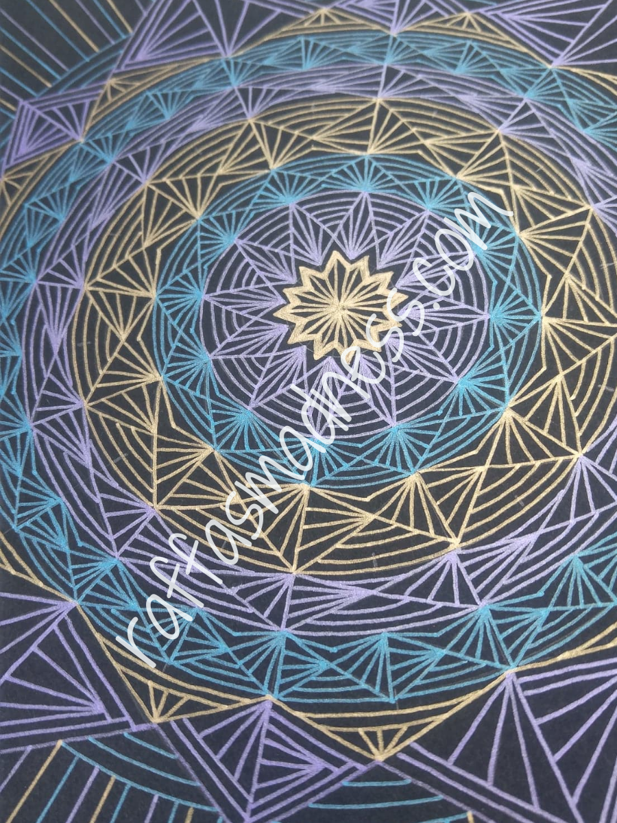Hand-drawn original work. Mandala design of triangles and exploding rays of energy radiating from the Morning Star  Sacred geometry, meditative art, mandala art therapy. Spiritual artwork and energetic artwork made in Canada. Inspirational art, perfect for your meditation space. Meditation room decor. Therapeutic art to help you relax and release anxiety. Allow your eyes to travel from the center and journey through the symbols, patterns and designs.